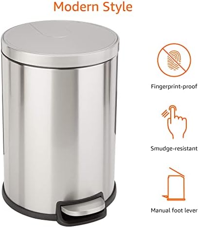 Amazon Basics 20L Dustbin with Steel Bar Pedal, Soft-Closing Mechanism for Home and Office Use - Round, Stainless Steel