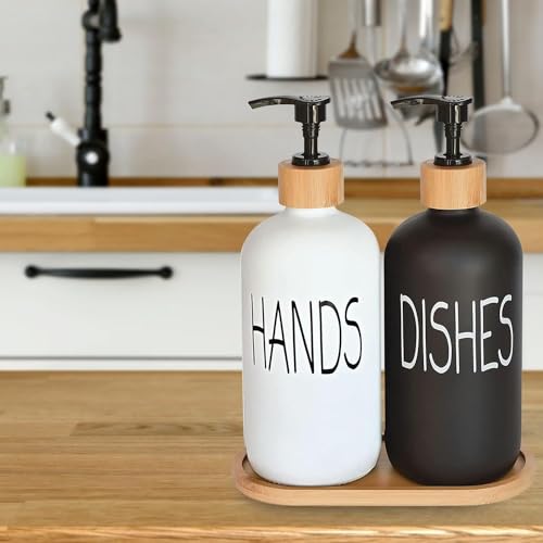 Glass Soap Dispenser Set, Hand Soap and Dish Soap Dispenser with Bamboo Tray. Vintage Soap Dispenser with Pump for Kitchen Drain Outlet and Bathroom. Stylish Permanent Labels (Matte Black&White) by DIDROOM - Used condition - Image 3
