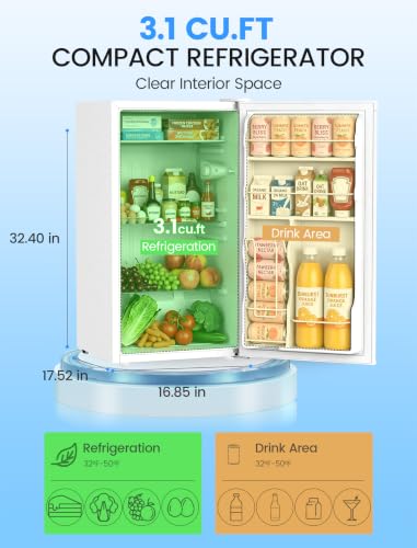 Image of COWSAR 3.1 Cu.ft Mini Dorm Fridge for Bedroom Apartment Office, White | Reversible Single Door, Adjustable Thermostat, Energy Saving, Remove Glass Shelves, Compact Small Fridge for College Dorm