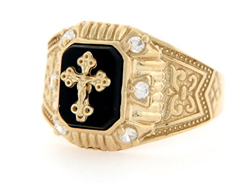 Jewelry Liquidation 10K Yellow Gold Crucifix Onyx Cz Religious Mens Ring #TOP1