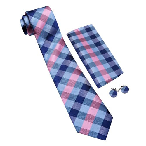 Image of YOHOWA Men Plaid /Striped Ties Set Silk Business Wedding Formal Fashion Necktie and Pocket Square Cufflinks Set