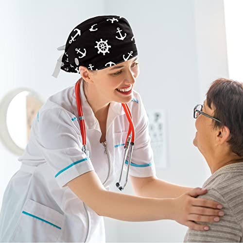 Working Hat 2Pcs Scrub Cap With Hairband, Seamless Pattern Anchor And Rudder #TOP6