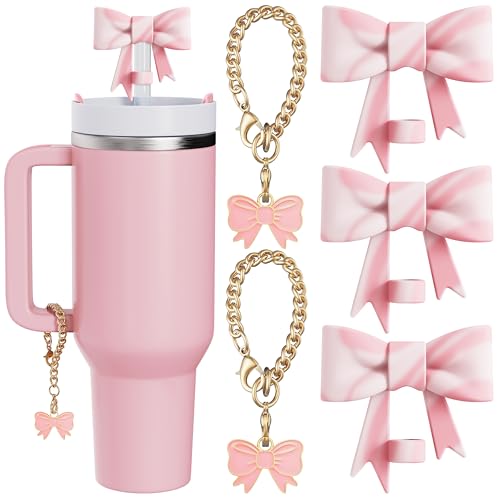 Compatible with Stanley Cup Accessories - 3Pcs 10mm Bow Straw Topper Compatible with Stanley Cup Straw Cover Cap, 2pcs Pink White Bow Charms for 30&40 Oz Tumbler with Handle