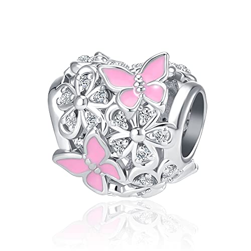 Butterfly Flower Garden Charm Magnolia Bloom Crystal Opennwork Enamel Bead for Pandora Charm Bracelet
