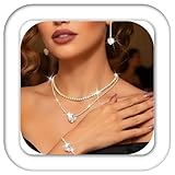 Aukmla Rhinestones Bridal Wedding Jewelry Set Silver Crystal Heart Pendant Bride Wedding Necklace Bracelet Earring sets Prom Layered Necklaces for Women (Gold)