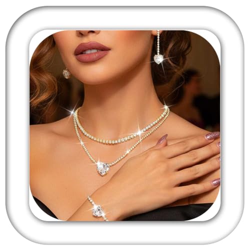 Aukmla Rhinestones Bridal Wedding Jewelry Set Silver Crystal Heart Pendant Bride Wedding Necklace Bracelet Earring sets Prom Layered Necklaces for Women (Gold)