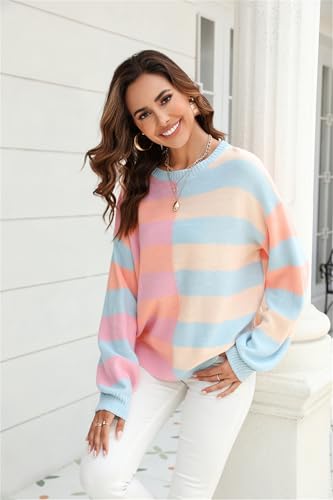 Womens Autumn Winter Warm Comfortable Pullovers Casual Fashion Ladies Stripe Color Collision Crew Neck Knit Sweater4