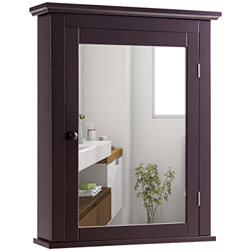 LIFEZEAL Armario con Espejo para Baño, Armario de Pared de Madera, Armario de Pared con Espejo, Organizador con Espejo para Baño con Estante Ajustable en Altura, 56 x 15 x 70 cm (Marrón)