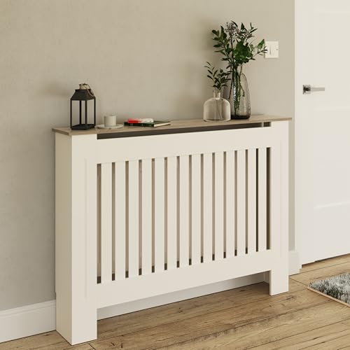 GFW Longslow Medium White Radiator Cover Slatted Wood Design Top Shelf Display Living