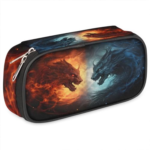 Image of Fiery Dragon Leather Pencil Case Pen Holder Large Capacity Black Stationery Organizer Pencil Bag with Zipper for Boys Girls Ice Dragon Kids Pencil Pouch Storage Box for School College Office