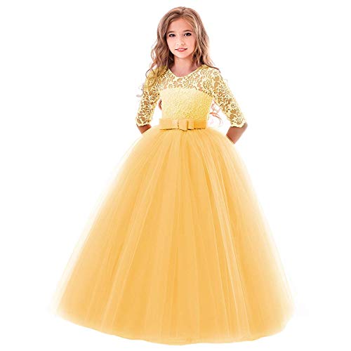 Flower Girl Lace Bridesmaid Dress 3/4 Sleeves Pageant Ball Gowns Princess Puffy Tulle Wedding Party Dresses
