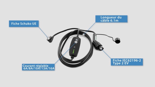 Câble De Recharge Voiture électrique Type 2 - 16A, 3.68kW, 6 Mètres - Portable Avec Sac Et Voyants LED - Compatible Plupart VE Et Hybrides Rechargeables