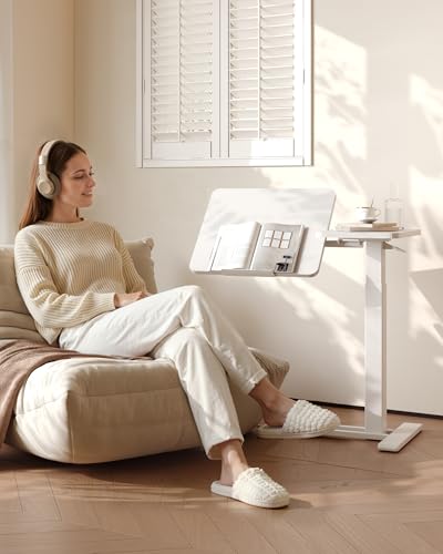 Image of FLEXISPOT Adjustable Height C-Shaped End Table with Split Tilting Top - Mobile Side Table for Sofa & Bedside, Slides Under Furniture, Hidden Wheels for Small Spaces(31.6 inch W x 15.7 inch D,White)