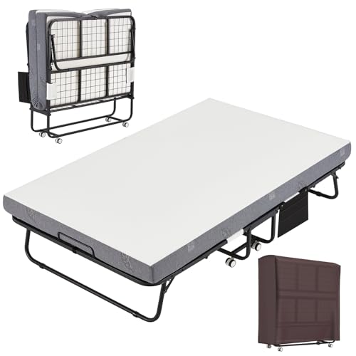 EROMMY Large 75 x 46Folding Bed with Mattress Foldable Rollaway Bed with Mattress for Adults 5 Inch Memory Foam Mattress Portable Beds with Metal Frame&Side Pocket