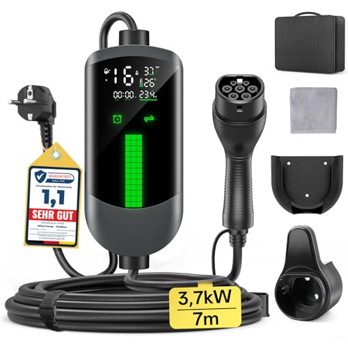 Cargador Coche Electrico Wallbox 3,7kW - 7M/6-16A Monofasico Cable carga coche electrico, Cargador Tipo 2 EV Charger Portátil, LCD Pantalla, Controlable, IP65, para Mayoría EVs(IEC 62196-2) & PHEVS