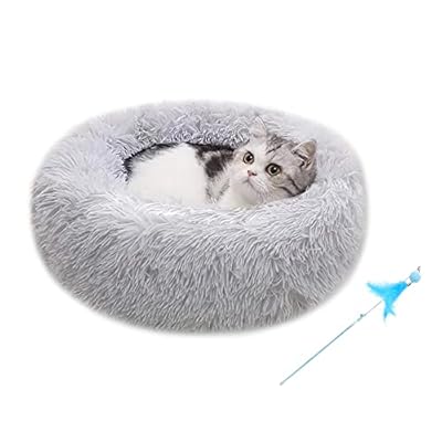 Plush Donut Cat Dog Bed with Cat Feather Toys - Warm and Soft Fluffy Washable Cushion Mat for Cats and Small Dogs Sleeping(Light Gray, 50CM)