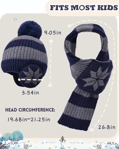 Image of Kids Winter Beanie Hat Scarf Gloves Set 3Pcs, 3-12Y Fleece Lined Knit Hat With Earmuffs Pom Touchscreen Gloves For Boys Girls