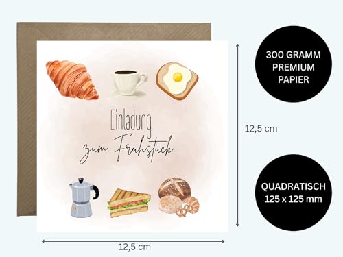 WBdesignz Einladungskarte mit Umschlag - Einladung zum Frühstück - Brunch Freunde Familie - Grußkarte Geburtstagskarte Essen - Frühstücksgutschein (125 mm x 125 mm)