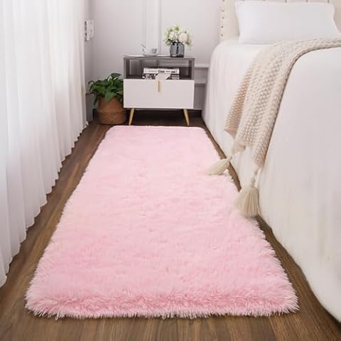 ST. BRIDGE Pink Runner Rug for Girls Bedroom 2x4 Feet, Fluffy Shag Area Rugs for Living Room Nursery, Fuzzy Cute Bedside Rug for Kids Baby Room, Modern Indoor Comfy Plush Carpet Decor Cover