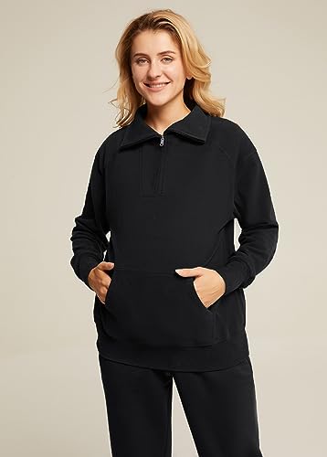Maacie Maternity Sweatshirts Lapel Half Zip Thermal Fleece Pullover with Thumbholes & Kangaroo Pocket3