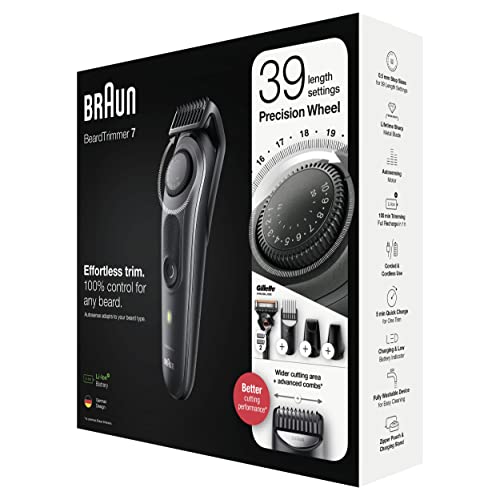 Braun Recortadora de Barba, Máquina Cortar Pelo, Cortapelos Hombre para Cara con Láminas Afiladas de Larga Duración y Maquinilla Gillette, 39 Ajustes de Longitud, 7 BT7340, Negro/Gris Metalizado