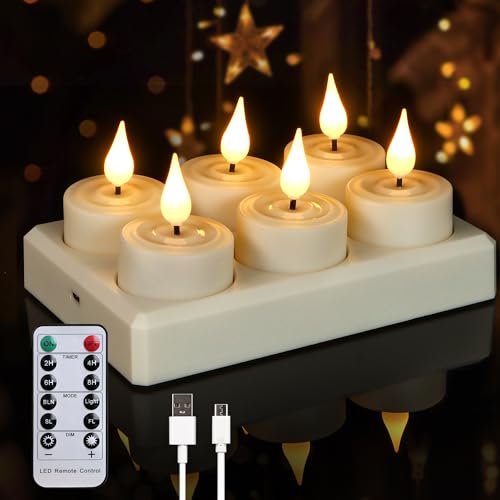 Daord Flameless Rechargeable Tea Lights with Remote Timer Battery Operated Realistic LED TeaLight for Home Wedding Table Halloween Centerpieces Decor (6pcs with Charging Station)