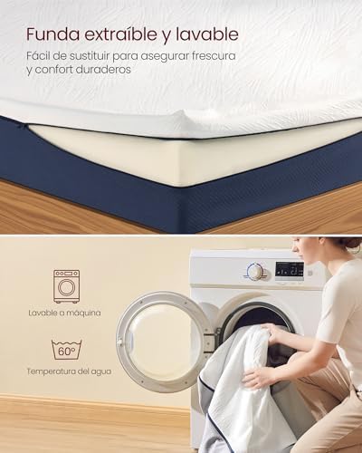 VASAGLE Colchón 90 x 190 cm, Colchón Individual, Espuma Viscoelástica con Gel, Firmeza Media Tirando a Suave en 7 Zonas, Funda Transpirable y Lavable a Máquina, Grosor 20 cm, Azul RMZ121QZ01