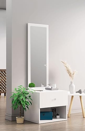 Image of Bniture Wooden Dressing Table for Bedroom with 1 Drawer, Mirror and Huge Storage Space | Long Dresser Vanity Table with Mirror (42D x 60W x 180H CM) (Frosty White, HXDR105)