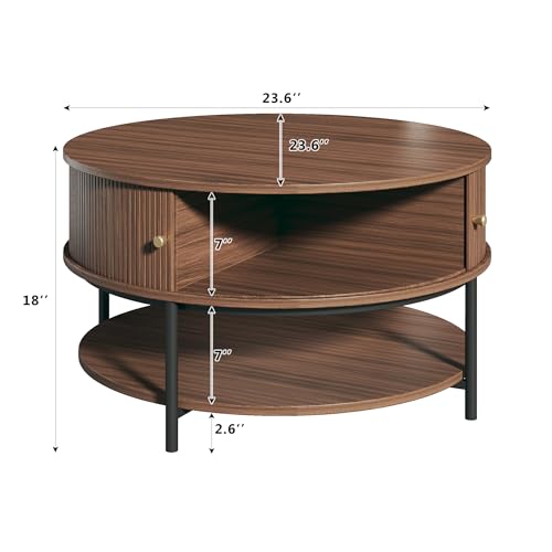 HUAHUU 31.5" Round Coffee Table with Storage, Mid Century Modern Coffee Table with Sliding Cabinet Door, Round Metal Legs, 3-Tier Small Round Coffee Tables for Living Room, Walnut - Image 2
