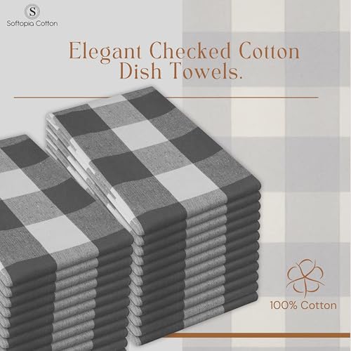 Image of Gray Buffalo Plaid Checked Dish Towels 12 Pack, 100% Cotton, 16x26 Inches, Super Absorbent, Quick Drying, Soft, Lint-Free, Durable Tea & Bar Towels with Hanging Loop, Grey and White