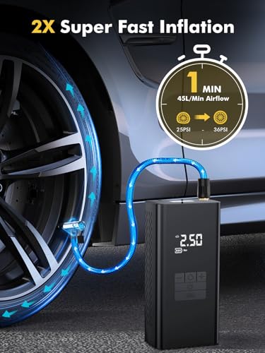 DIHOOM Compresor Aire Portatil - Inflador Electrico de Neumáticos de Coche de 45L/min con Soporte de Power Bank, Iluminación LED Batería de 6000mAh,4 Modos,Ideal para Coches Bicicletas Motos y Balones - imagen 2