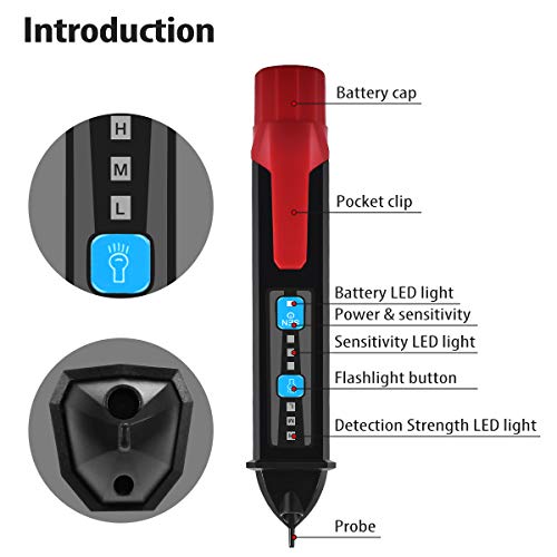 Non Contact Voltage Tester Pen, AC Voltage Detector, Sensitivity Adjustable Electrical Circuit Testers with LED Flashlight and Buzzer Alarm, Multi Range AC 12-1000V & Live/Null Wire Judgment
