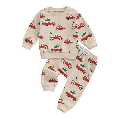 NZNDSHD Baby Boy Christmas Outfit Truck Christmas Tree Snowman Print Long Sleeve Sweatshirts Pants 2Pcs Clothes Set (Khaki, 18-24 Months)