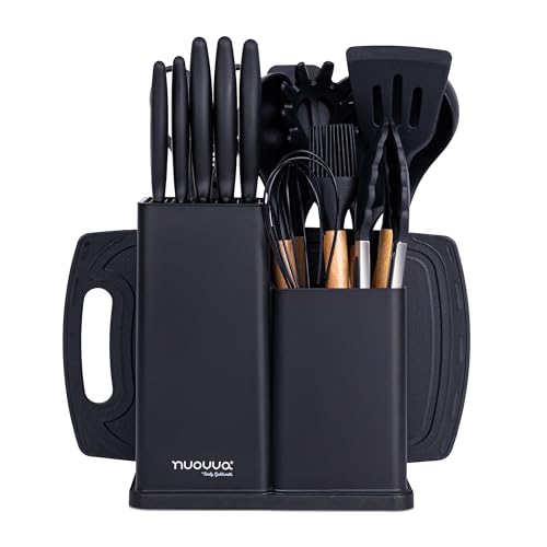 Cooking Utensils Set with Chopping Board – Knife Set with Block – Heat Resistant Silicone Utensils with Wooden Handle, Spoons, Ladles & Spatula – Kitchen Tools & Accessories – 17pcs, Black – by Nuovva