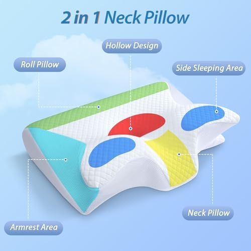 HOMCA Memory Foam Cervical Pillow, 2 in 1 Ergonomic Contour Orthopedic Pillow for Neck Pain, Contoured Support Pillows for Side Back Stomach Sleepers (White)