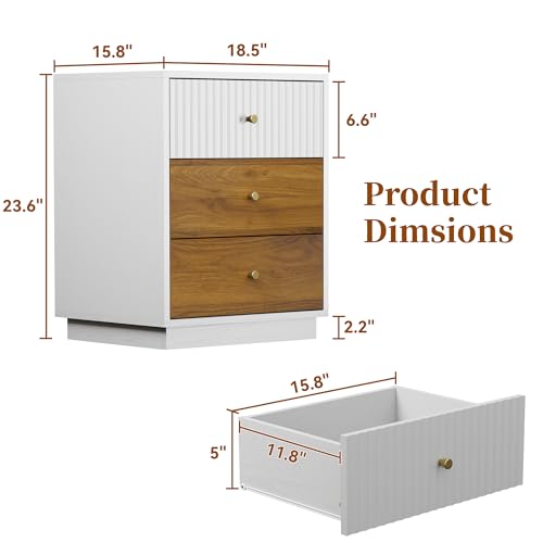 Image of 23.6 inch Set of 2 Tall Night Stand with 3 Storage Drawers, Fluted Nightstand with Metal Handles, Modern End Table Bedside Table Chest for Bedroom, White and Natural