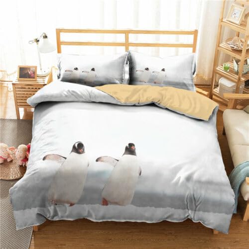 Microfiber housse de couette 90x190 manchots gris anti-plis pour un lit enfant impeccable