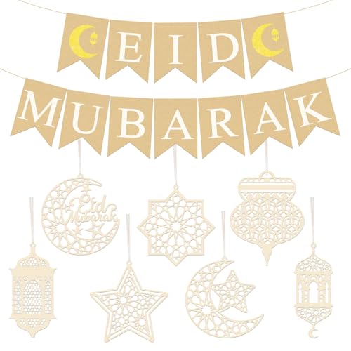 Eid Mubarak Decorations for Home,Burlap EID Mubarak Banner With Wooden Lantern Moon Star Castle Shape Ramadan Ornaments for Islamic Muslim Party Restaurant Garden Decorations