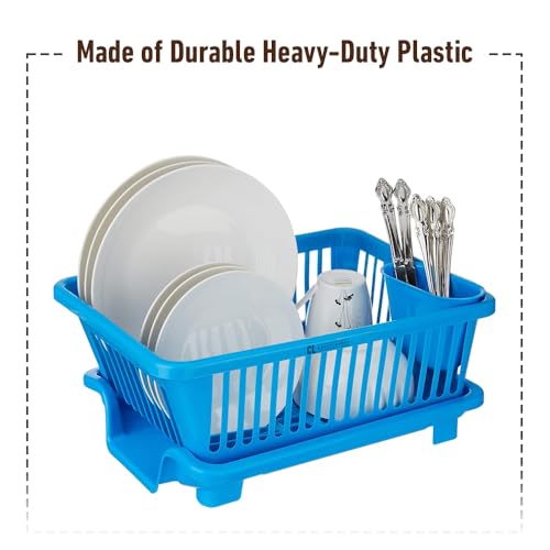 Image of Plastic Kitchen Dish Drainer Rack with Drying Tray & Cutlery Holder | 23 x 46 x 56 cm Utensil Stand & Bartan Stand | Mesh Design Dish Drying Basket Organizer for Kitchen Counter - Blue