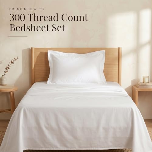 Image of Huesland Luxury 300 TC Pure Cotton Sateen Weave Single Bedsheet Set - Soft, Durable & Stylish | White | 88 x 55 inches