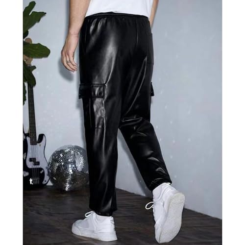 Mens Side Pockets PU Leather Pants Vintage Loose Casual Jogger Cargo Pants Motorcycle Biker Straight Leg Pants2