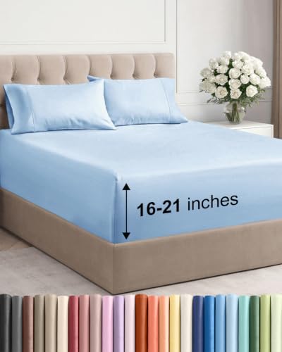 Image of Extra Deep Pocket Queen Size Sheet Set - Breathable & Cooling - Light Blue