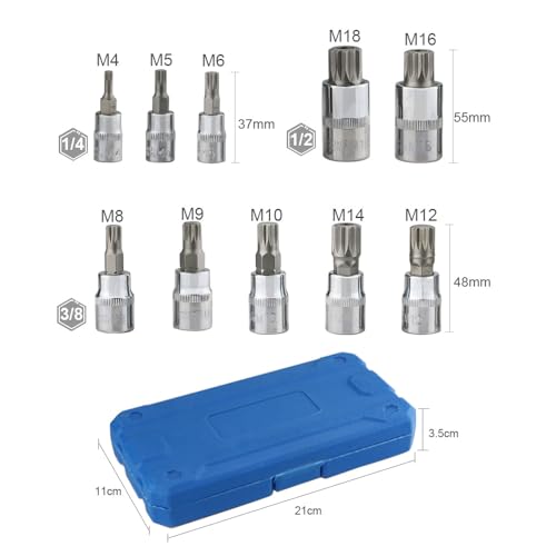 Spline Bit Socket Set 10 Piece 1/4, 3/8 and 1/2 Drive Triple Square Bits XZN Spline Sockets M4 to M18 - Image 5