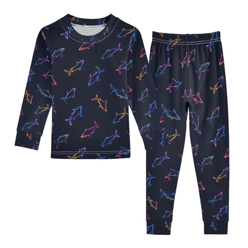 ALAZA Line Shark Neon Pajamas Long Sleeve Sleepwear 2-Piece Pajama Set