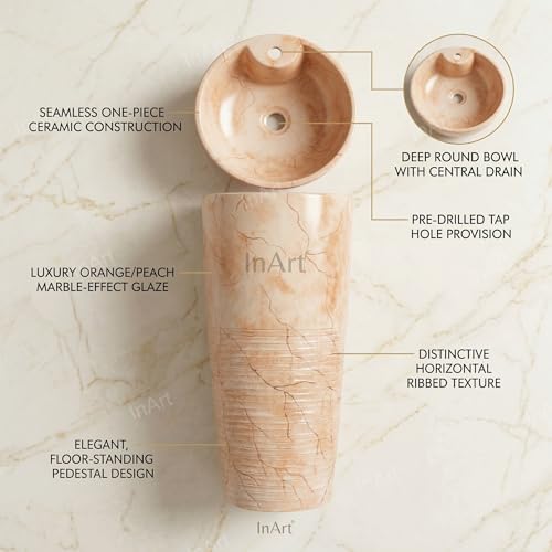 Image of InArt One Piece Ceramic Pedestal Free Standing Round Wash Basin for Living Room and Bathroom (15 x 15 x 33 Inch) (Orange Marble)
