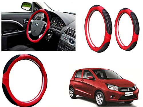 Image of Microfiber Car Steering Wheel Cover, Soft Padding Great Hand Feel, Anti-Slip, Faux Leather Steering Cover for Maruti Suzuki Celerio | Black Red Jali - Pack of 1