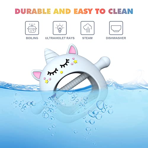 Image of Teething Toys for Babies 0-6 Months, Tinabless Unicorn Never Drop Silicone Teether for Babies 6-12 Months, Hand Pacifier for Breast Feeding Baby, Baby Chew Toys Freezer Safe for Newborn, Blue