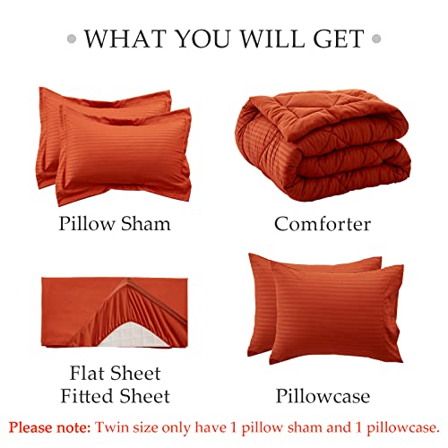 Nexhome Bed In A Bag Comforter Sets Queen Rust All Season Down Alternative Comforter Soft Microfiber Dobby Stripe 7 Pieces-1 Comforter 2 Pillow Shams 2 Pillowcases 1 Flat Sheet 1 Fitted Sheet #TOP6