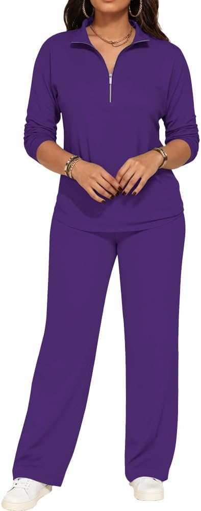 PINSV Women's 2 Piece Outfits Sweatsuit Lapel Half Zip Sweatshirts Wide Leg Pants Set Tracksuit - Image 5