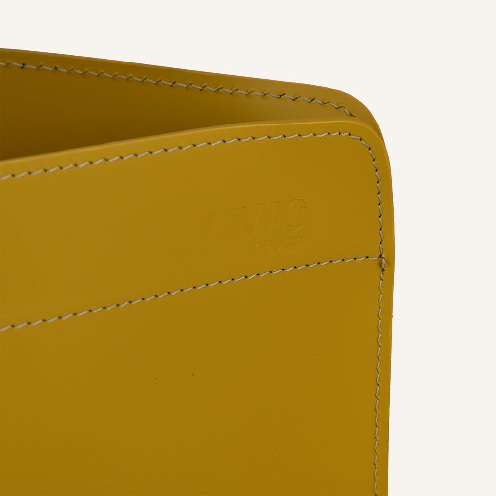 Design GIUSY Zeitungsständer modern aus Leder, Zeitschriftensammler, Originaler Zeitungskorb, Bücherkorb, für Zuhause, Büro, Hotel, Hergestellt in Italien. (Gelb)